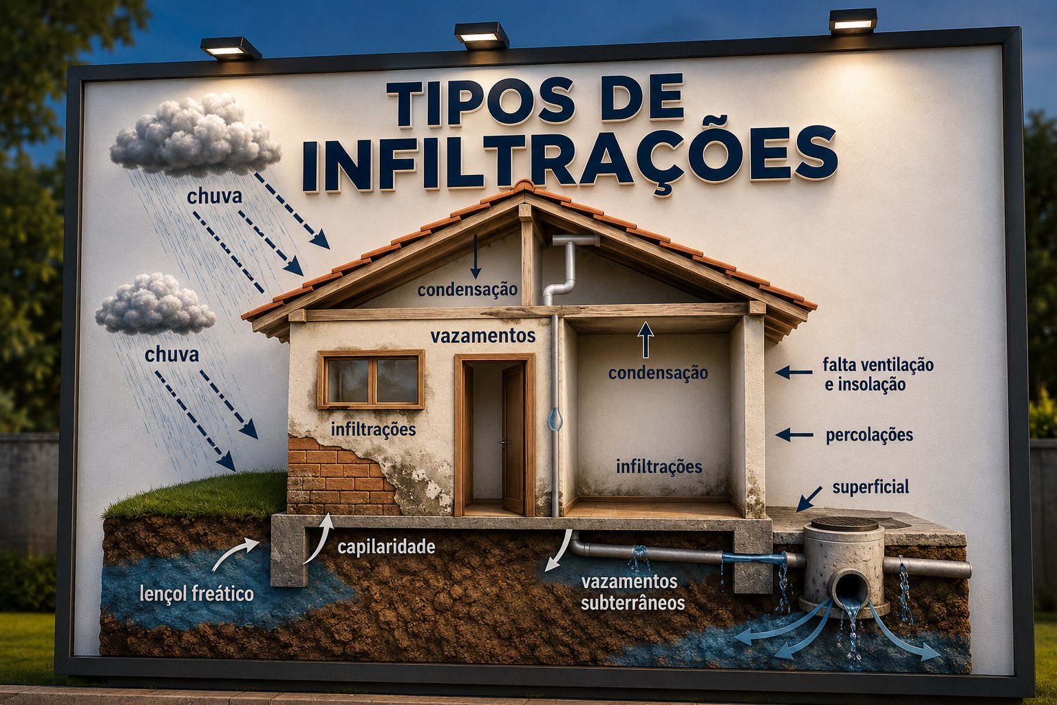 Tipos de infiltração que podem afetar um imóvel: chuva, condensação, infiltração pelas paredes, capilaridade a partir do lençol freático e vazamentos subterrâneos